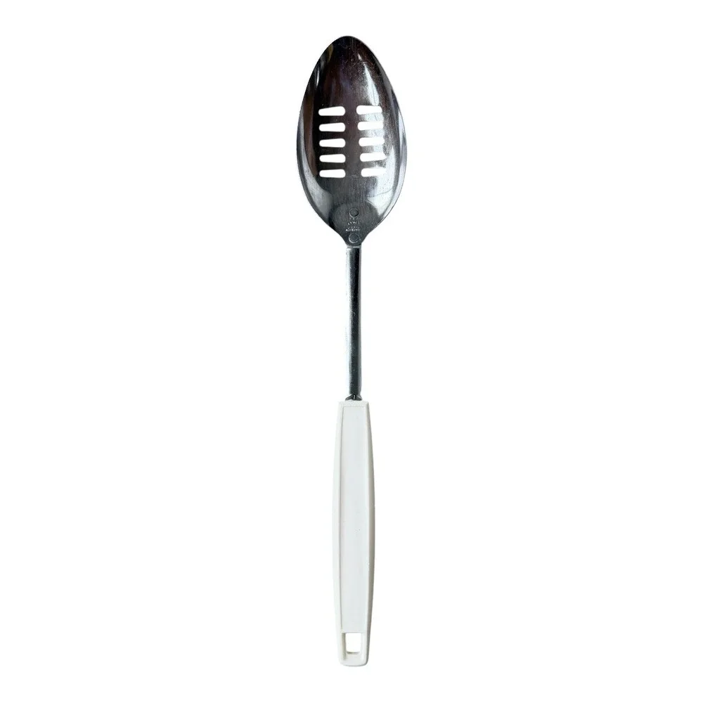 Vintage EKCO Slotted Spoon Chrome Plated White Handle Hanging Utensil Cottage